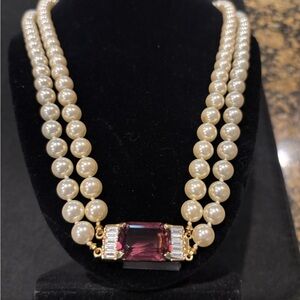 Vintage Swarovski Cream Pearl Necklace with Amethyst colored Gemstone